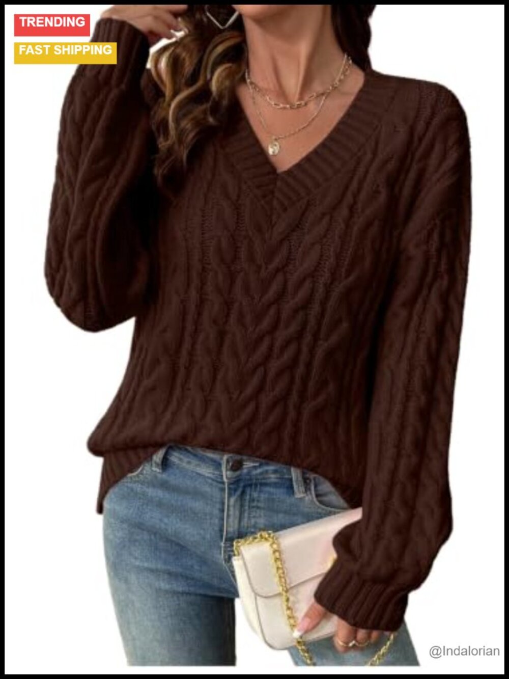 Cable Knit V Neck Long Sleeve Oversized Pullover Sweater